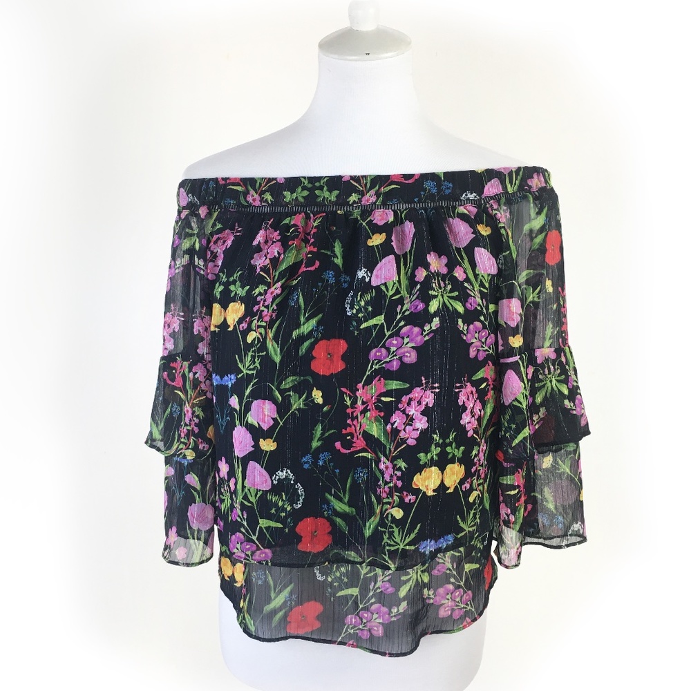Inc Off the Shoulder Black Floral Bellsleeve Top